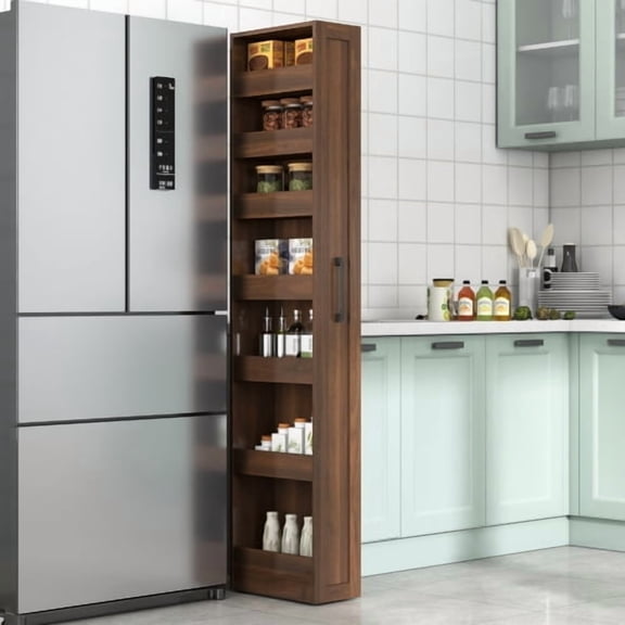 71"H Slim Mobile 7 Tier Modern Kitchen Cabinet, Kitchen Storage Cabinet With Guard Rails, Kitchen Cabinet Pull-Out Design for Narrow Living Kitchen Areas, Walnut