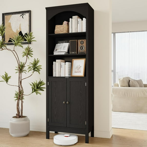 71" H Tall Bookshelf with Doors, Farmhouse Book Shelf with 3-Tier Open Shelves, Wooden Bookcase with Storage Cabinet, Freestanding Display Bookshelves for Bedroom, Living Room, Black