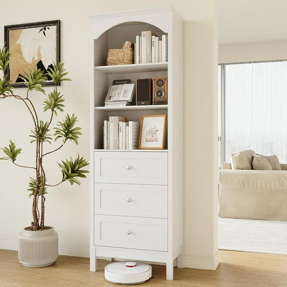 71" H Tall Bookshelf with Drawers, Farmhouse Book Shelf with 3-Tier Open Shelves, Wooden Bookcase with Storage Drawers, Freestanding Bookshelves for Bedroom, Living Room, White