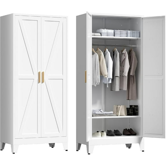 Elegant 71"H Tall Farmhouse Style Metal Armoire Wardrobe Closet with 2 Barn Doors,Hanging Rod ＆ 2 Adjustable Shelves for Home,Bedroom,Office,White