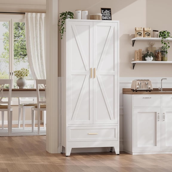 71“H Tall Kitchen Pantry Cabinet,Metal Food Storage Cabinets with Drawer, White Kitchen Cabinet with 2 Doors, Large Freestanding Cabinets for Dining Room, Living Room