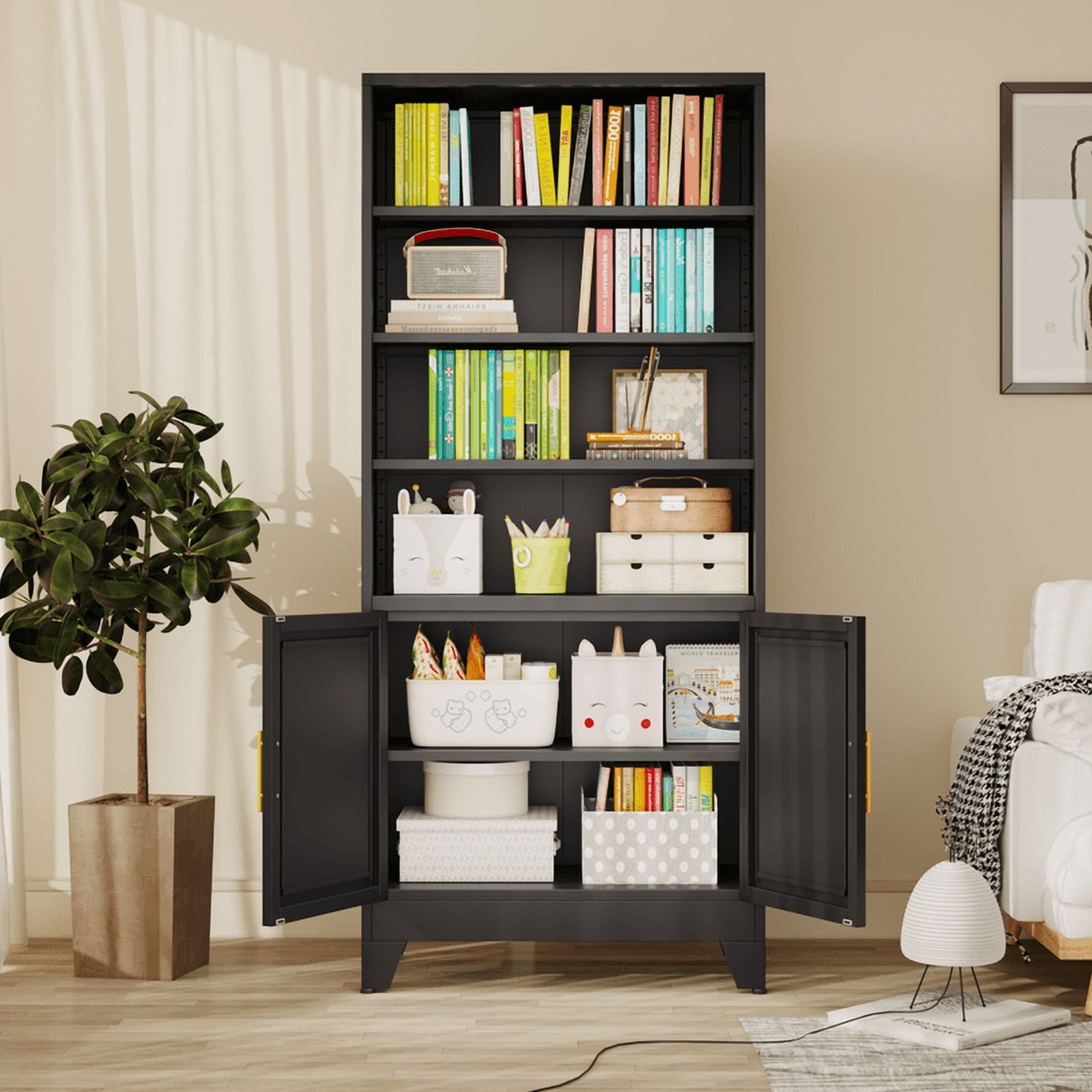 71"H Tall Metal Bookcase/Bookshelf with Doors And 4 Adjustable Shelves for Storage