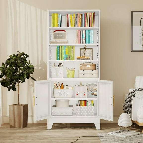 71"H Tall Metal Bookcase/Bookshelf with Doors And 4 Adjustable Shelves for Storage