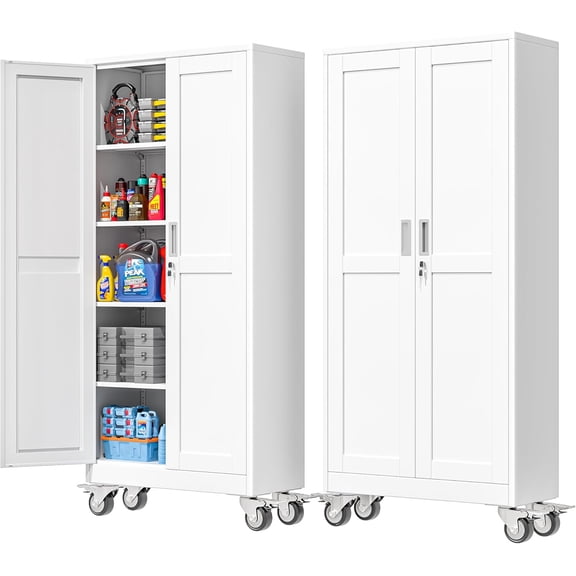 71''H Tall Metal Garage Storage Cabinet with Wheels,Steel File Cabinets with 2 Doors and 4 Adjustable Shelves for Home Office, Warehouse, Required Assembly,White