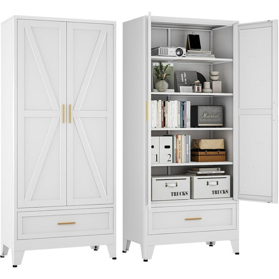 71"H Tall Metal Pantry Cabinet with 4 Doors and Adjustable Shelves,White