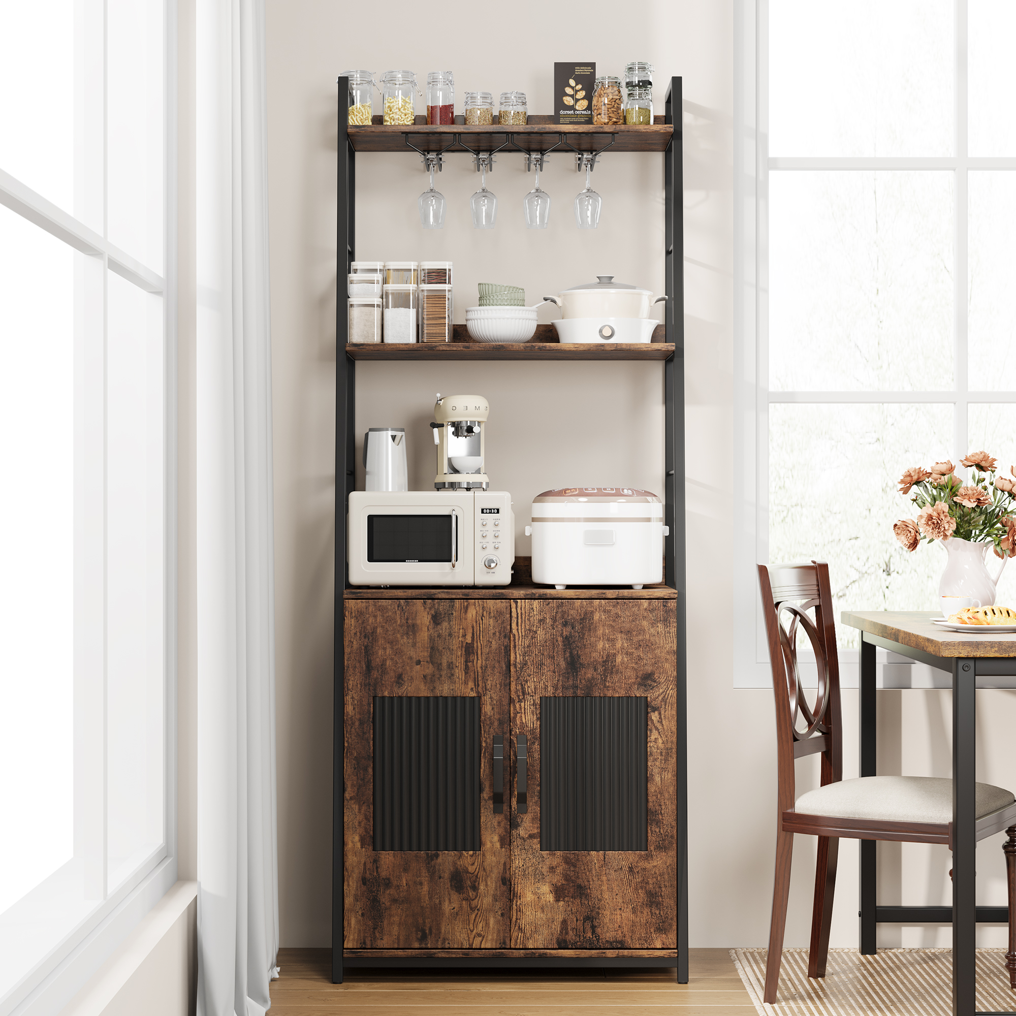 71 H Vintage Baker Rack with Cabinet 5 Tier Free Standing Microwave Rack Tall Utility Storage Shelf Coffee Bar Station for Kitchen Standing Wine Cabinet Rustic Brown Walmart