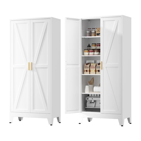 Elegant Furniture 71''H White Farmhouse Metal Pantry Cabinet with 4 Adjustable Shelves,Metal Storage Cabinet for Kitchen,Dining,Living,Office