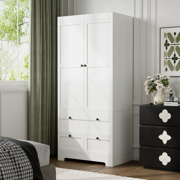 71"H Wooden Armoire Wardrobe Closet, 2 Doors Modular Closet Storage Cabinet Wardrobe Set with 3 Drawers, Shelves and Hanging Rod for Bedroom