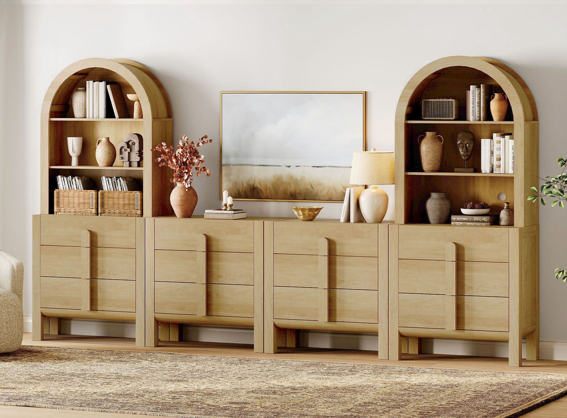 71"H X 126"W Tall Arched Bookshelf with 12 Drawers, Modern 6-Tier Bookcase with Open Storage, Large Wood Display Cabinet For Living Room Bedroom Home Office Kitchen