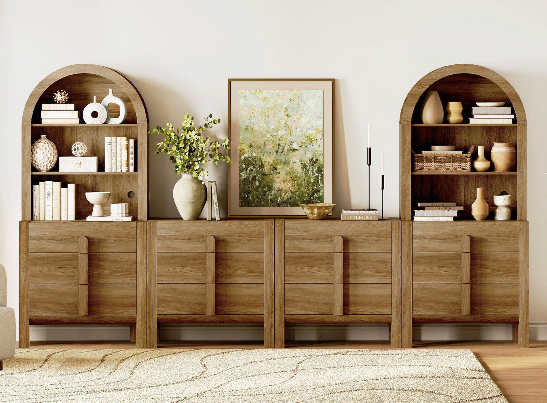 71"H X 126"W Tall Arched Bookshelf with 12 Drawers, Modern 6-Tier Bookcase with Open Storage, Large Wood Display Cabinet For Living Room Bedroom Home Office Kitchen