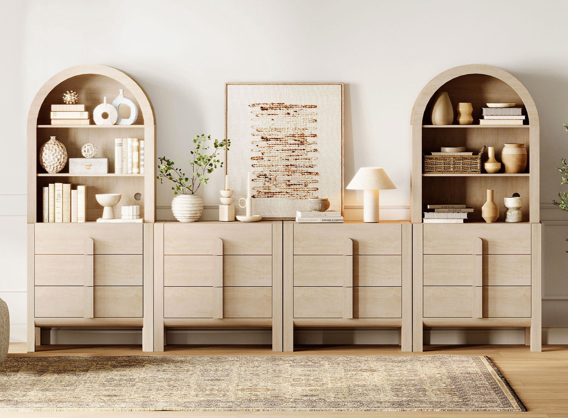 71"H X 126"W Tall Arched Bookshelf with 12 Drawers, Modern 6-Tier Bookcase with Open Storage, Large Wood Display Cabinet For Living Room Bedroom Home Office Kitchen