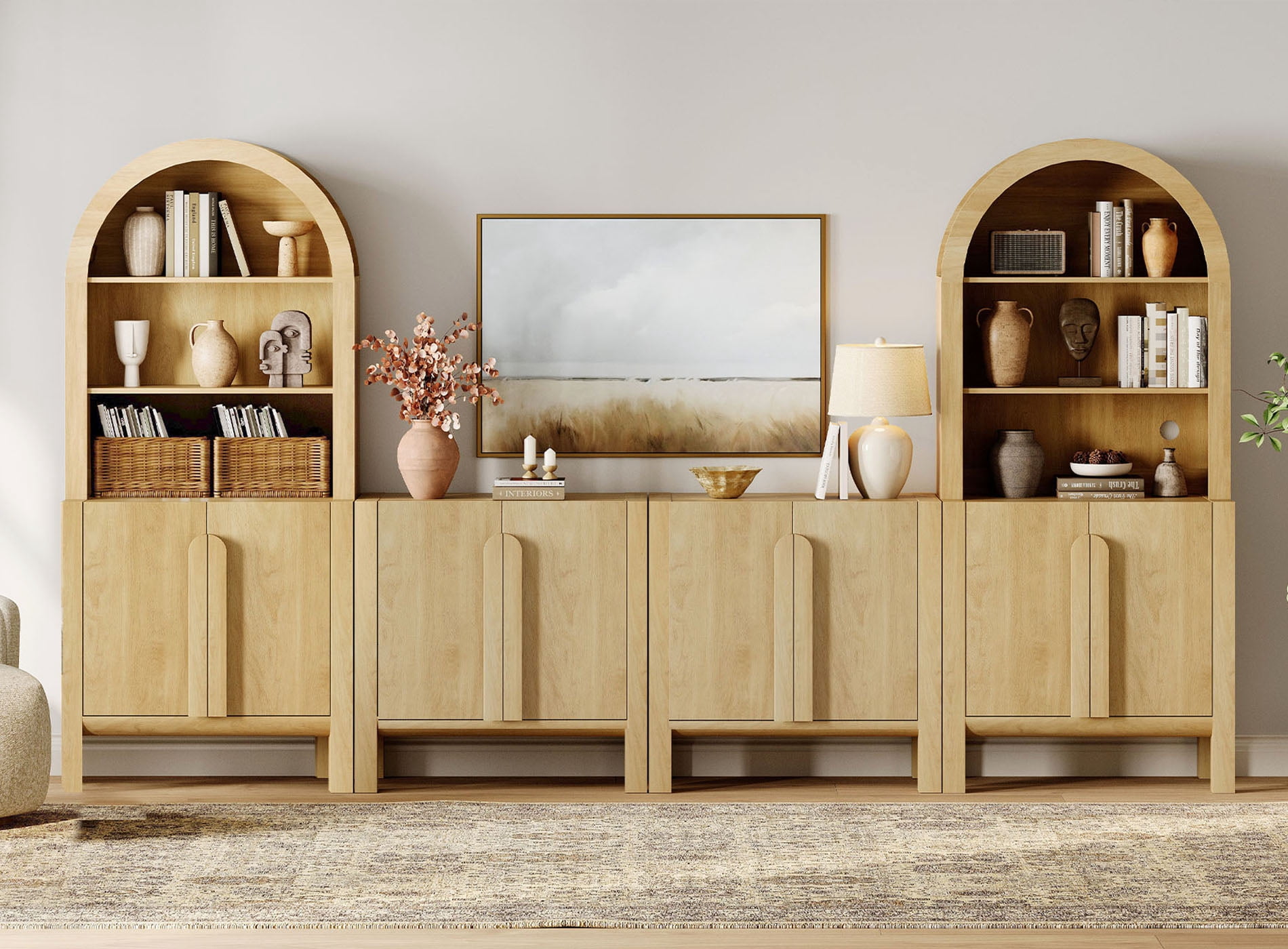 71"H X 126"W Tall Arched Bookshelf with 4 Cabinets and 8 Doors, Modern 10-Tier Bookcase with Open Storage, Large Wood Display Cabinet For Living Room Bedroom Home Office Kitchen