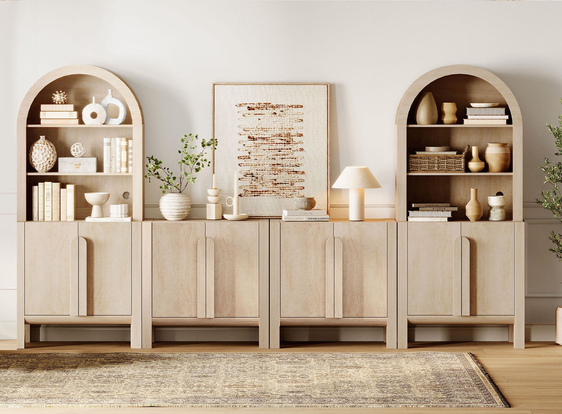71"H X 126"W Tall Arched Bookshelf with 4 Cabinets and 8 Doors, Modern 10-Tier Bookcase with Open Storage, Large Wood Display Cabinet For Living Room Bedroom Home Office Kitchen