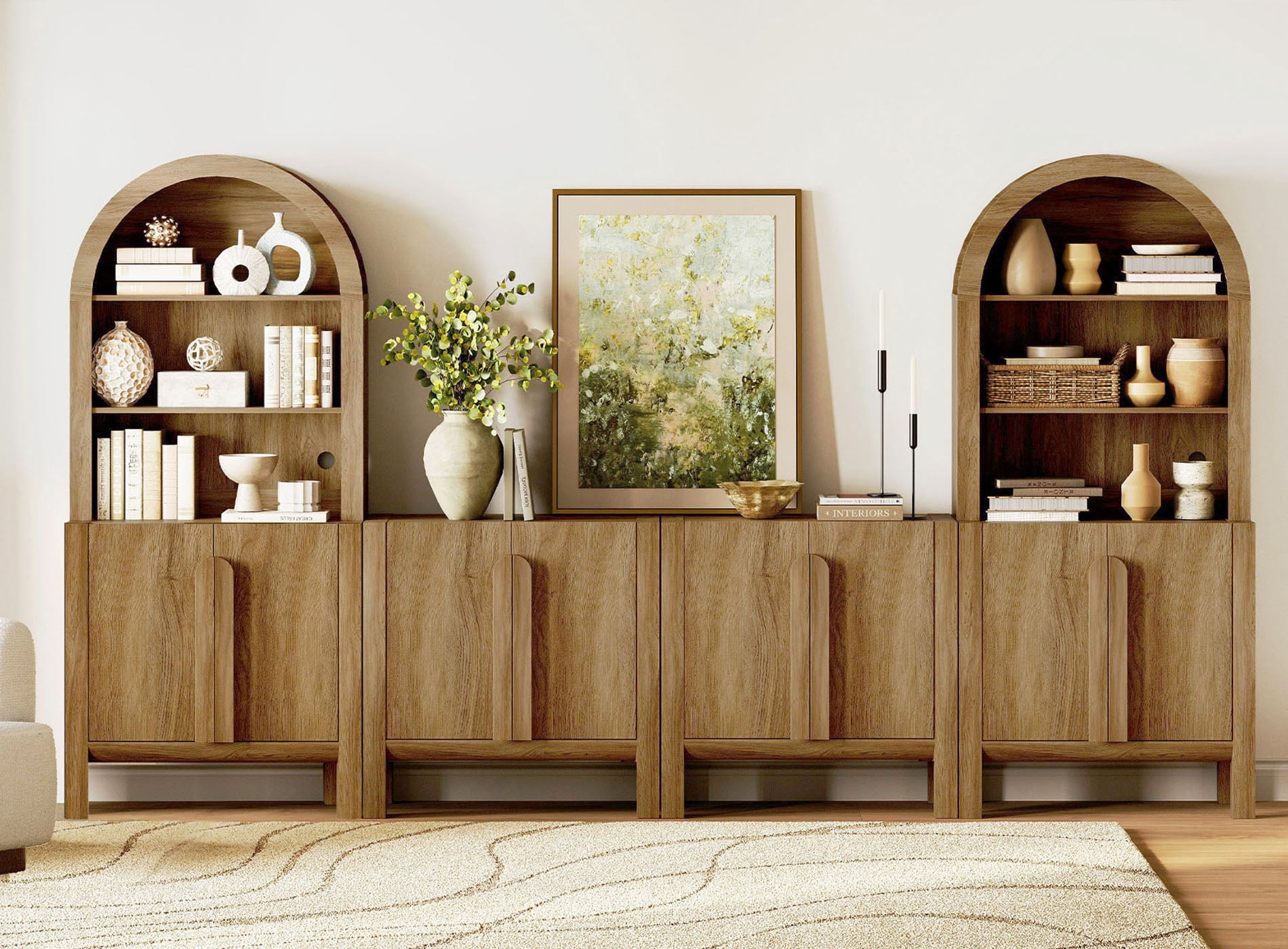 71"H X 126"W Tall Arched Bookshelf with 4 Cabinets and 8 Doors, Modern 10-Tier Bookcase with Open Storage, Large Wood Display Cabinet For Living Room Bedroom Home Office Kitchen