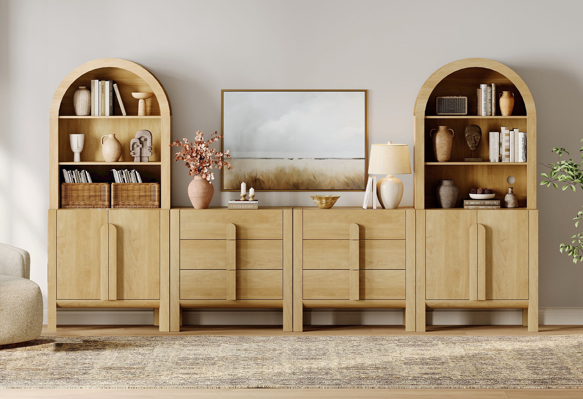 71"H X 126"W Tall Arched Bookshelf with 6 Drawers and 2 Cabinets, Modern 10-Tier Bookcase with Open Storage, Large Wood Display Cabinet For Living Room Bedroom Home Office Kitchen