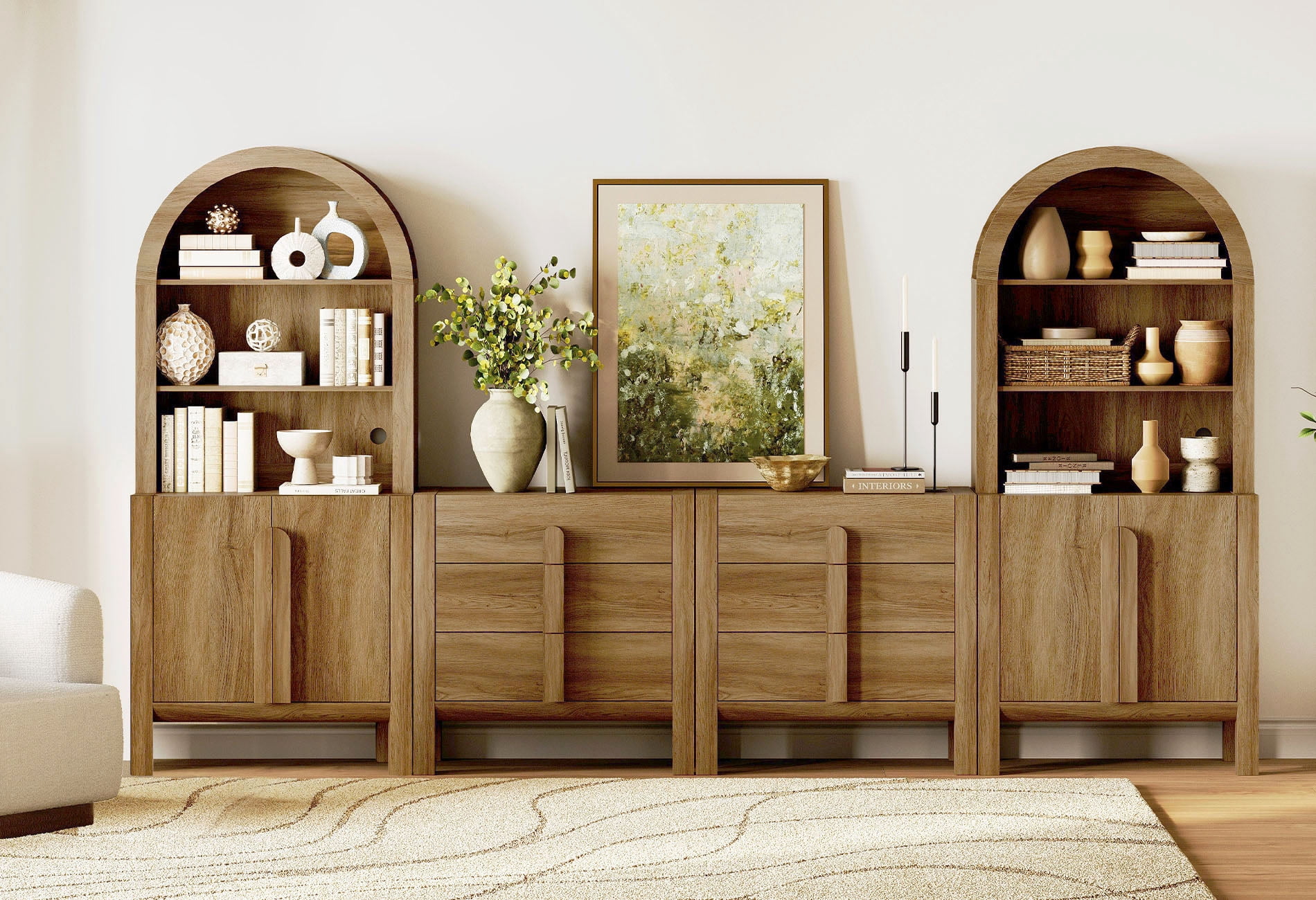 71"H X 126"W Tall Arched Bookshelf with 6 Drawers and 2 Cabinets, Modern 10-Tier Bookcase with Open Storage, Large Wood Display Cabinet For Living Room Bedroom Home Office Kitchen