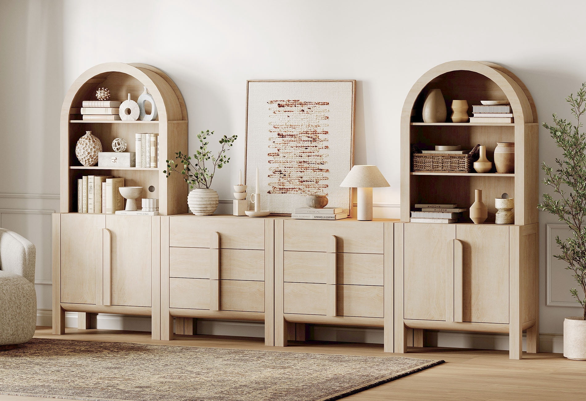 71"H X 126"W Tall Arched Bookshelf with 6 Drawers and 2 Cabinets, Modern 10-Tier Bookcase with Open Storage, Large Wood Display Cabinet For Living Room Bedroom Home Office Kitchen