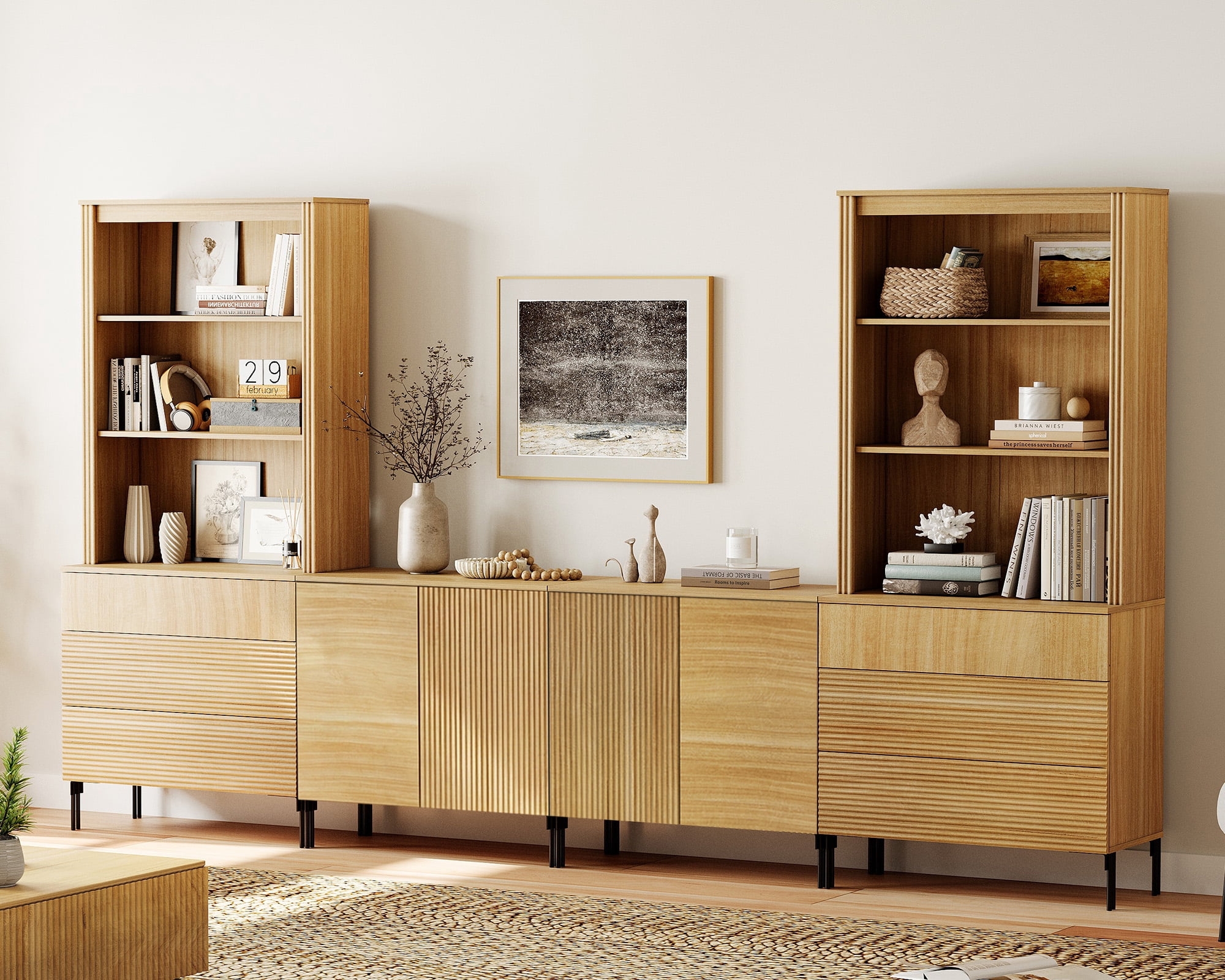 71"H X 126"W Tall Fluted Bookshelf with 6 Drawers and 4 Doors, Modern 10-Tier Bookcase with Open Storage, Large Wood Display Cabinet For Living Room Bedroom Home Office Kitchen