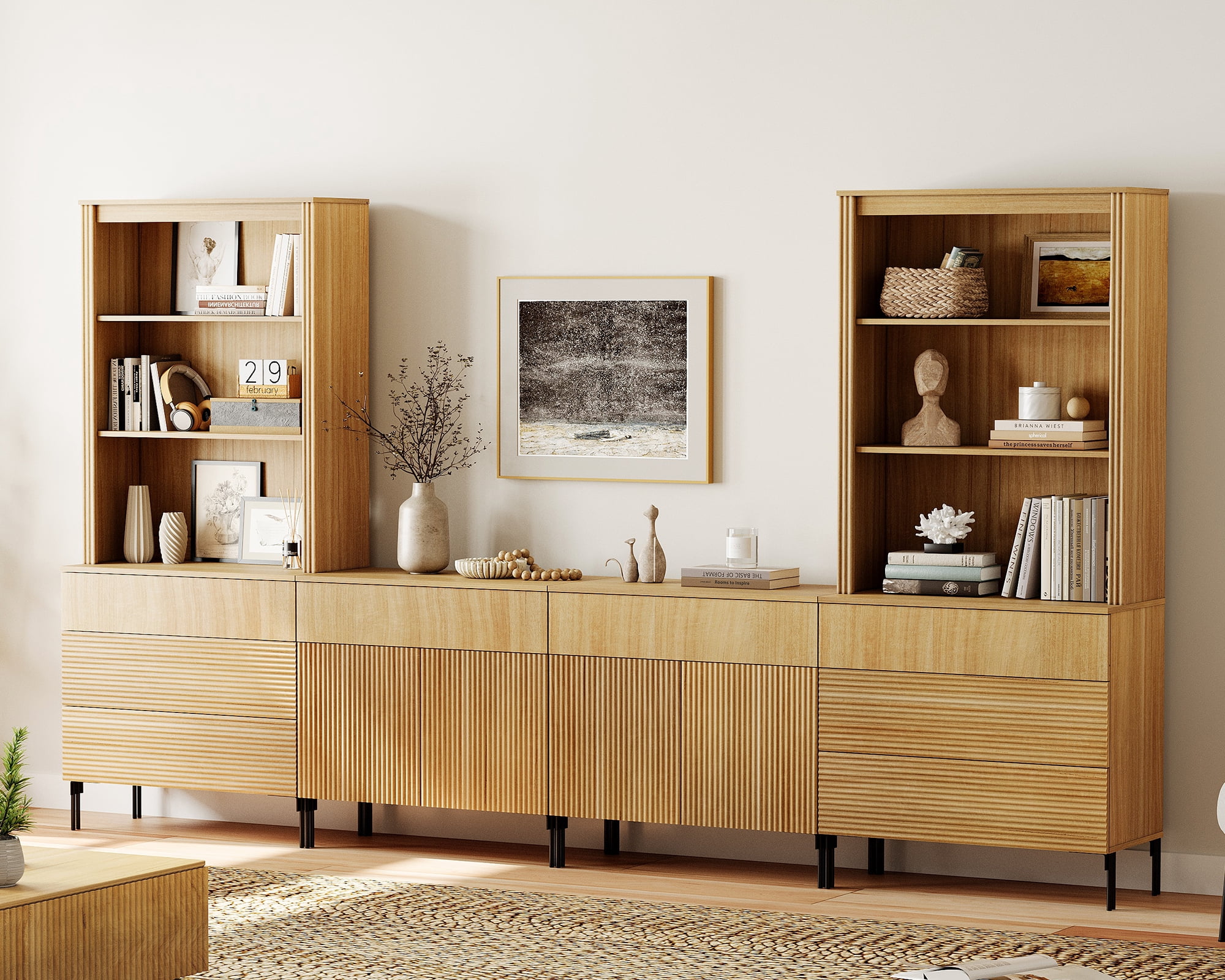 71"H X 126"W Tall Fluted Bookshelf with 8 Drawers and 4 Doors, Modern 10-Tier Bookcase with Open Storage, Large Wood Display Cabinet For Living Room Bedroom Home Office Kitchen