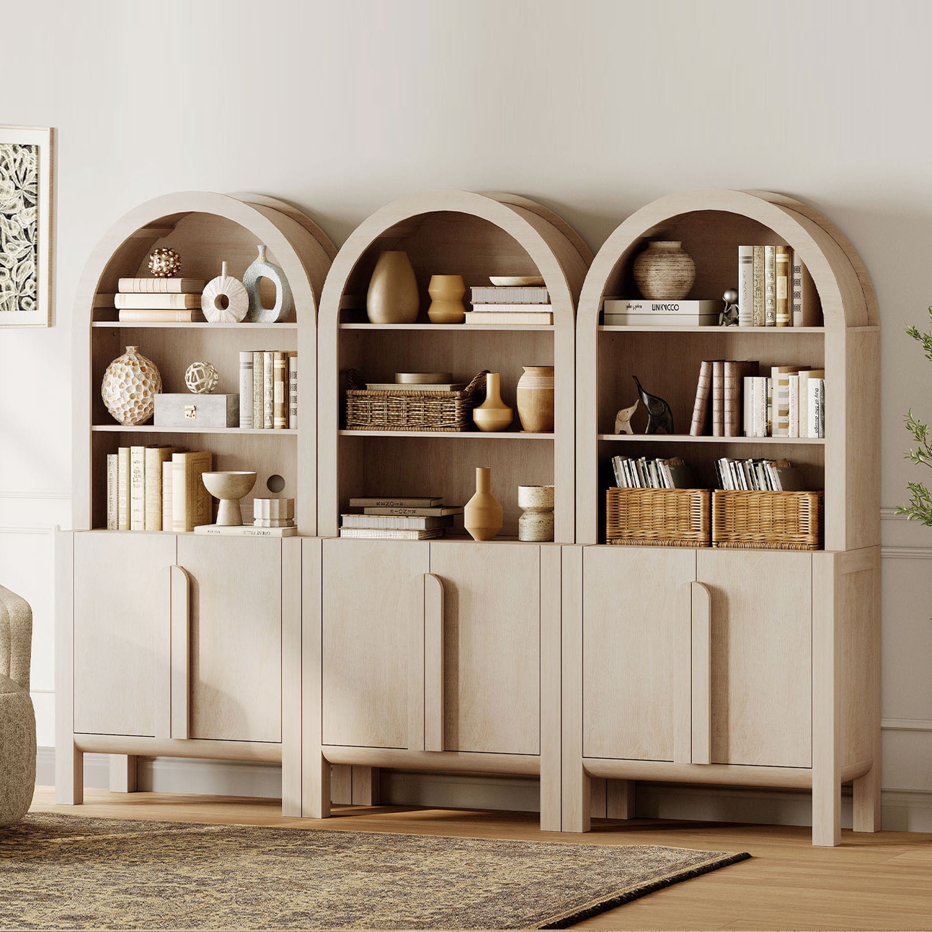 71"H X 94.5"W Arched Bookshelf, Modern 5 Tier Bookcase with 3 Cabinet, Wooden Large Display Cabinet with Doors and Adjustable Shelves, Versatile Bookshelf for Living Room, Study, Office