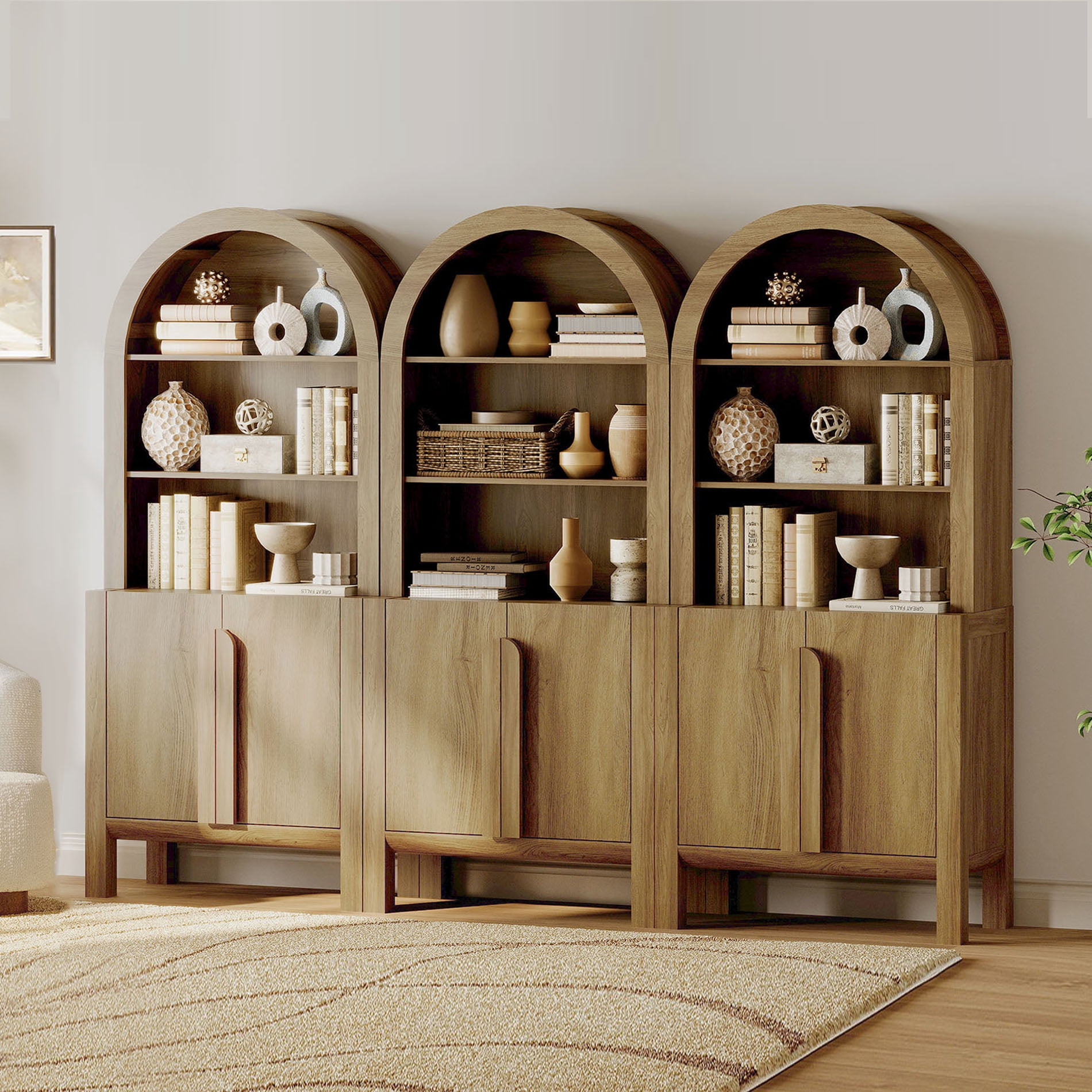 71"H X 94.5"W Arched Bookshelf, Modern 5 Tier Bookcase with 3 Cabinet, Wooden Large Display Cabinet with Doors and Adjustable Shelves, Versatile Bookshelf for Living Room, Study, Office