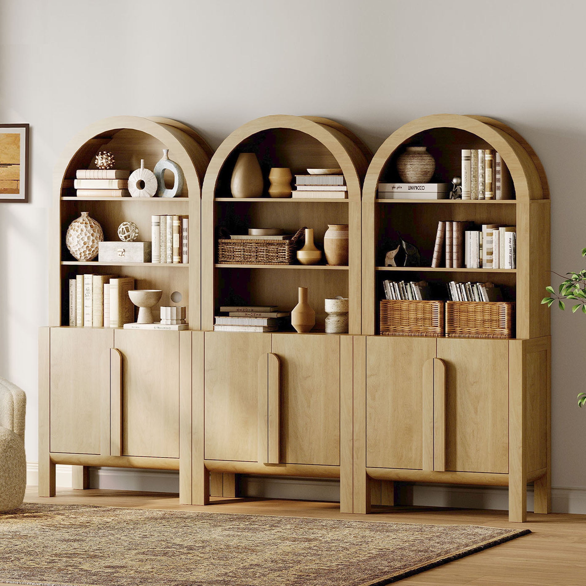 71"H X 94.5"W Arched Bookshelf, Modern 5 Tier Bookcase with 3 Cabinet, Wooden Large Display Cabinet with Doors and Adjustable Shelves, Versatile Bookshelf for Living Room, Study, Office