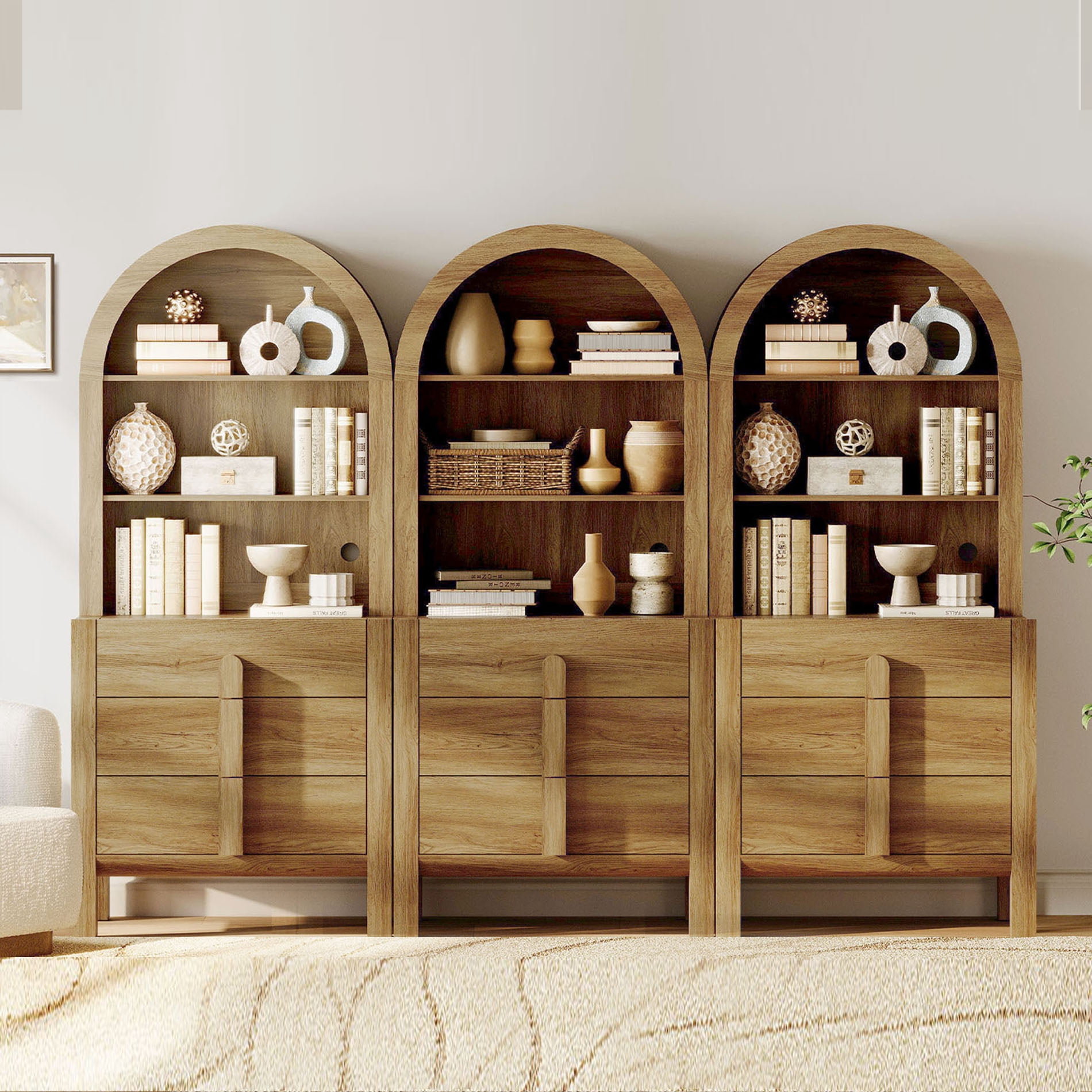 71"H X 94.5"W Tall Arched Bookshelf, Modern 9 Tier Bookcase with Open Storage, Wooden Display Cabinet with Drawer and Shelves, Versatile Bookshelf for Living Room, Study, Office