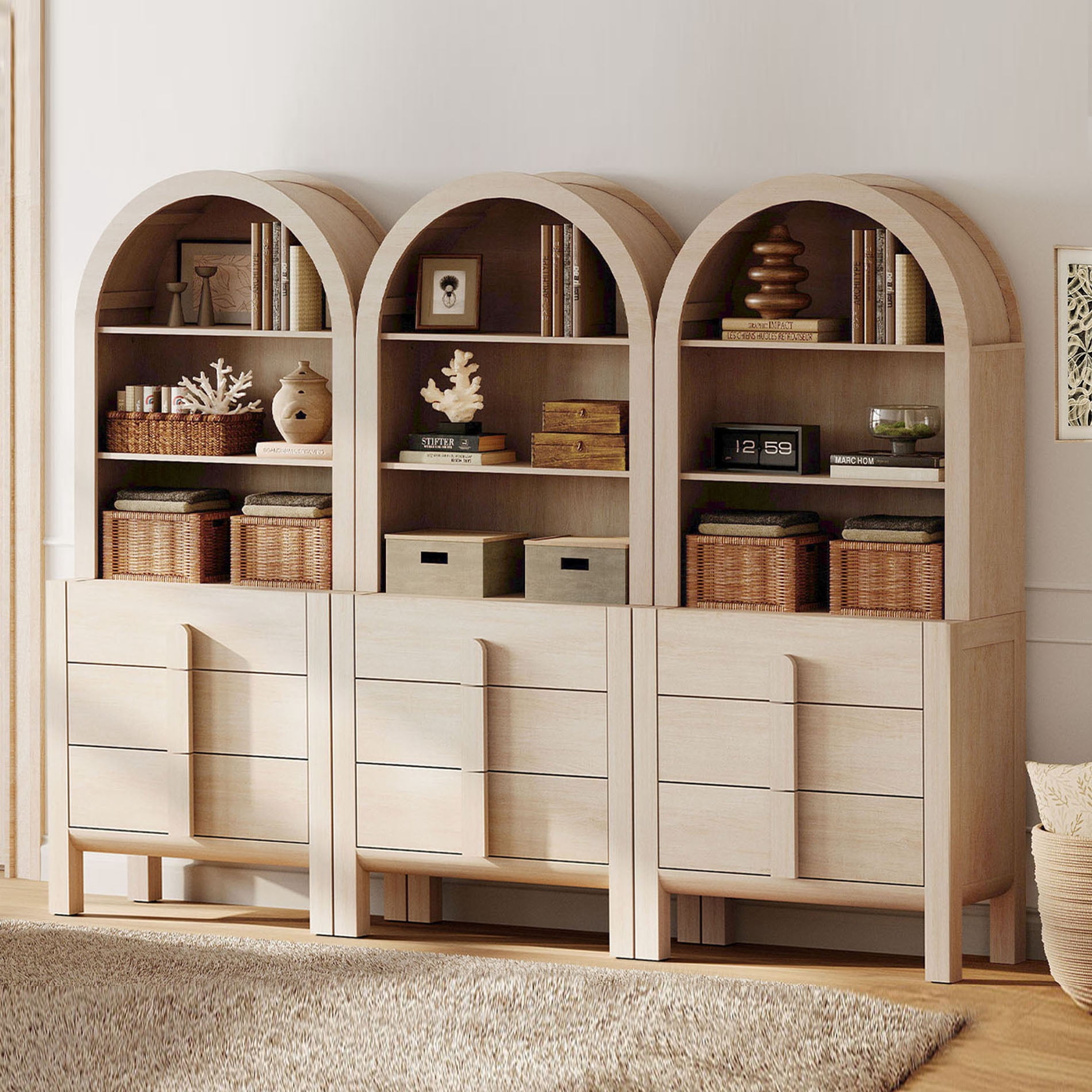71"H X 94.5"W Tall Arched Bookshelf, Modern 9 Tier Bookcase with Open Storage, Wooden Display Cabinet with Drawer and Shelves, Versatile Bookshelf for Living Room, Study, Office
