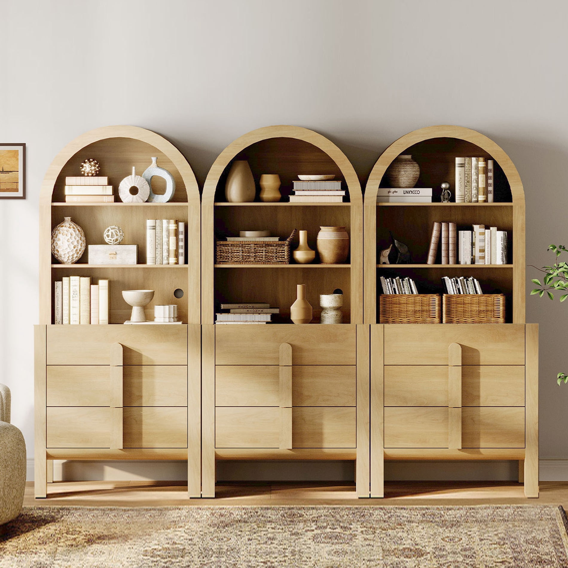 71"H X 94.5"W Tall Arched Bookshelf, Modern 9 Tier Bookcase with Open Storage, Wooden Display Cabinet with Drawer and Shelves, Versatile Bookshelf for Living Room, Study, Office