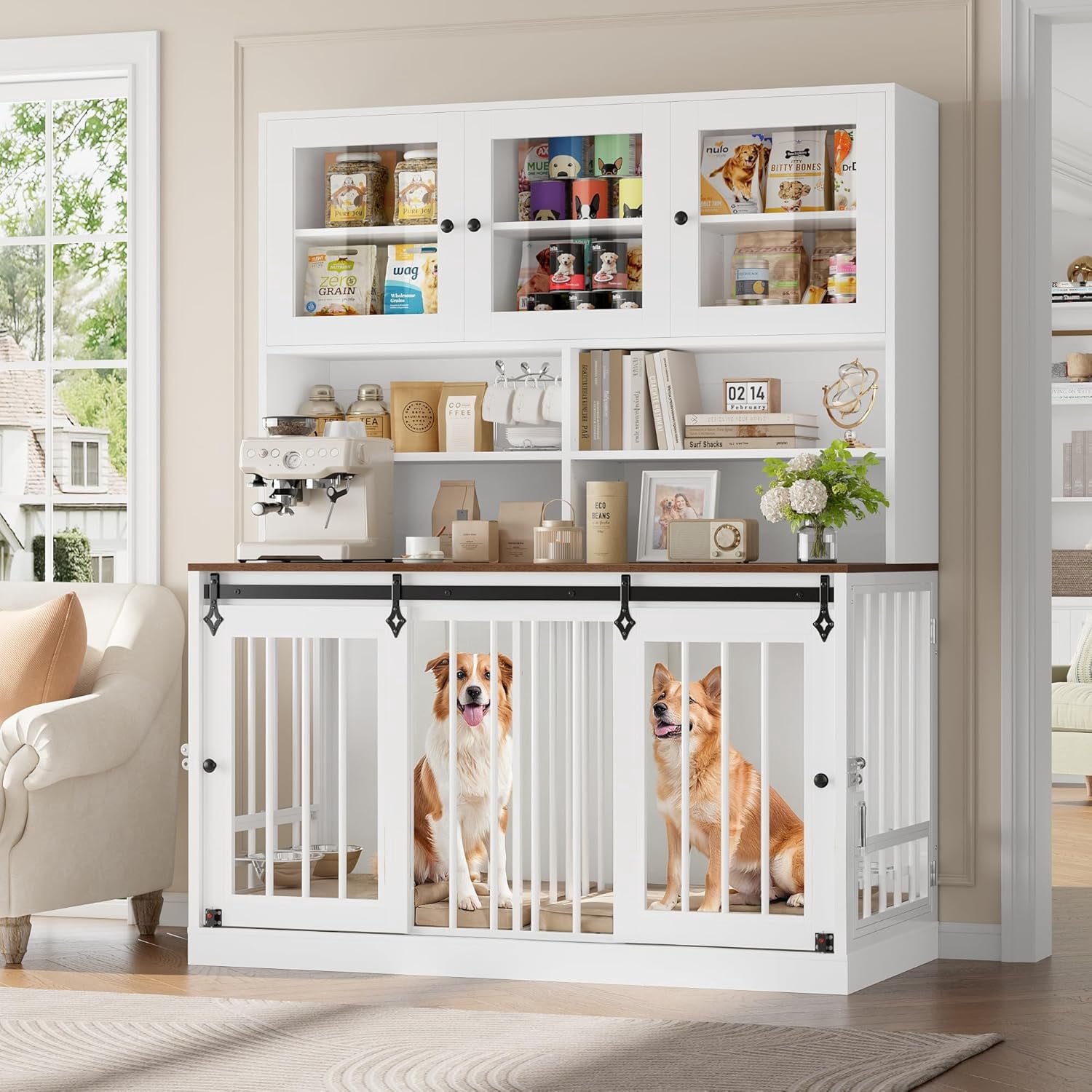 71"H x 55"L Large Dog Crate Furniture with Hutch Shelf and Glass Door ...