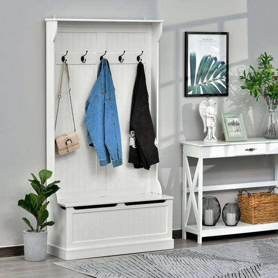 71" Hall Tree with Storage Bench, 3-In-1 Entryway Organizer with 6 Hooks, Shoe Storage & Mirror, White Multi-Functional Foyer Furniture for Coats, Bags and Shoes, Perfect for Small Spaces