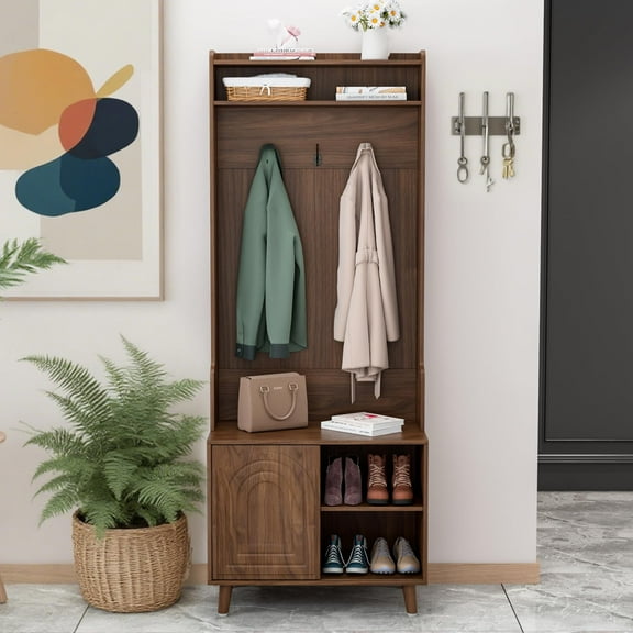 71" Hall Tree with Bench & Shoe Storage, Narrow Entryway Coat Rack with Adjustable Shelf, 3 Hooks & Sliding Door, Walnut