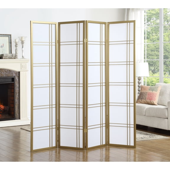 71" High 4-Panel Room Divider Screen, Gold | Solid pine wood frame with durable rice paper appearance panels, ideal for modern home decor