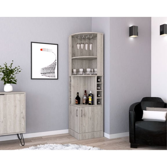 71" High Light Gray Corner Bar Cabinet with Glass Holder and Racks / Good for Bar Storage Needs