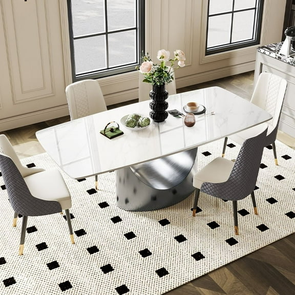 POVISON 71" Hobart Modern Minimalist Dining Table for 4-6, White Rectangular Glossy Sintered Stone Tabletop, Bronze Carbon Steel Base (Table Only)