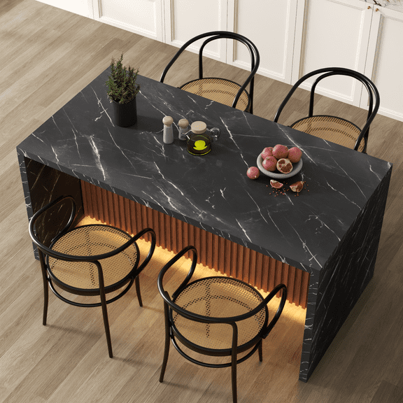 71" Imitation Marble Dining Table for 4-6 People, Modern LED Kitchen Island Table with Marble Stripes & Grille Design, Dining Furniture for Home Dining Room Living Room Black