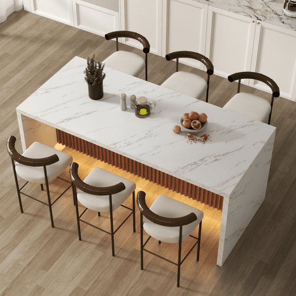 71" Imitation Marble Dining Table for 4-6 People, Modern LED Kitchen Island Table with Marble Stripes & Grille Design for Dining Room Living Room