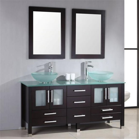 71 In. Solid Wood & Frosted Glass Double Vessel Sink Vanity Set