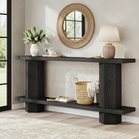 71-Inch 2-Tier Console Table, Sturdy Hallway Sofa Table Behind Couch With Waterproof Tabletop For Living Room (Black)