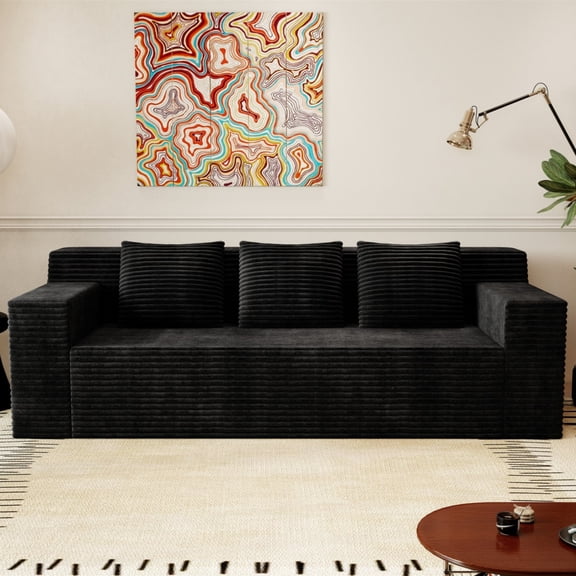 71-Inch 3-Seat Corduroy Sofa Deep Seat Comfy Loveseat No Assembly Modular Floor Sofa for Living Room Bedroom Conference Room Apartment Antique Black