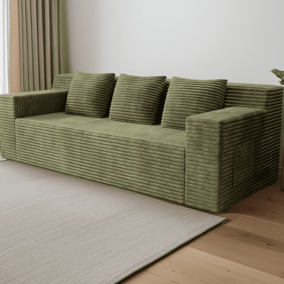 71 Inch 3-Seater Sofa, Corduroy Fabric Deep Seat Couch, No Assembly Required, Comfy Loveseat for Living Room Apartment, Antique Green