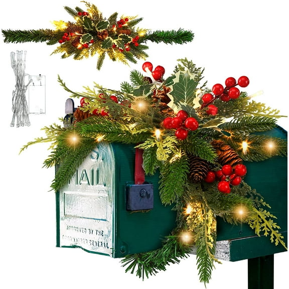 71 Inch/5.92 ft Christmas Mailbox Swag with Light, Wintry Berries Lighted Christmas Mailbox Garland Wreath, Artificial Pine Rattan Pine Cone Red Berries Greenery Xmas Outdoor Porch Decoration
