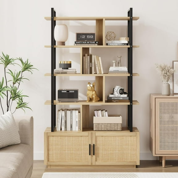 71 Inch 5 Tier Tall Rattan Classical Book Shelf with Open Display Shelves, with Storage, with Metal Frame for Living Room, Bedroom and Home Office