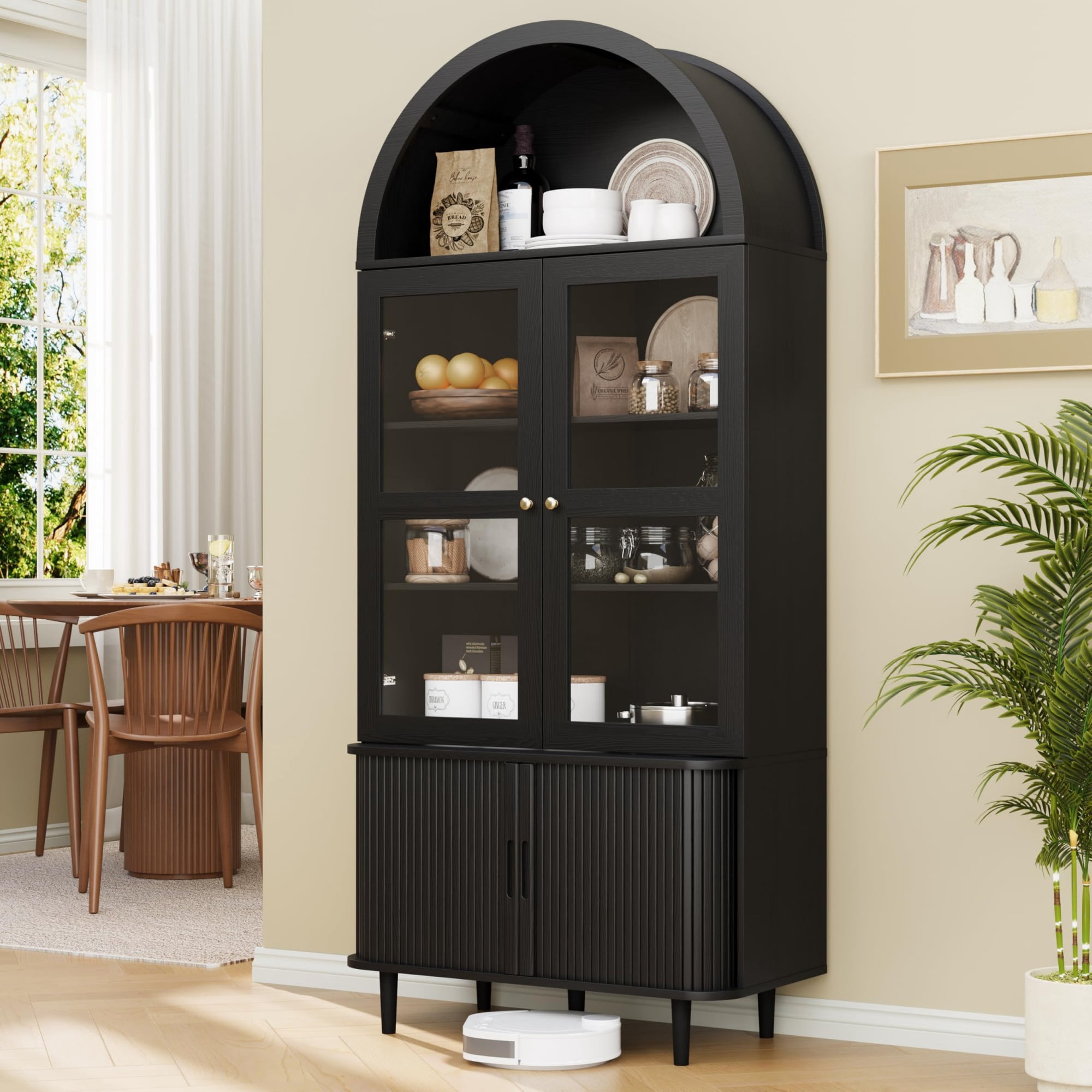 71 Inch Arched Cabinet with Glass Sliding Doors, Fluted Tall Pantry Cabinet with Adjustable Shelves, Black