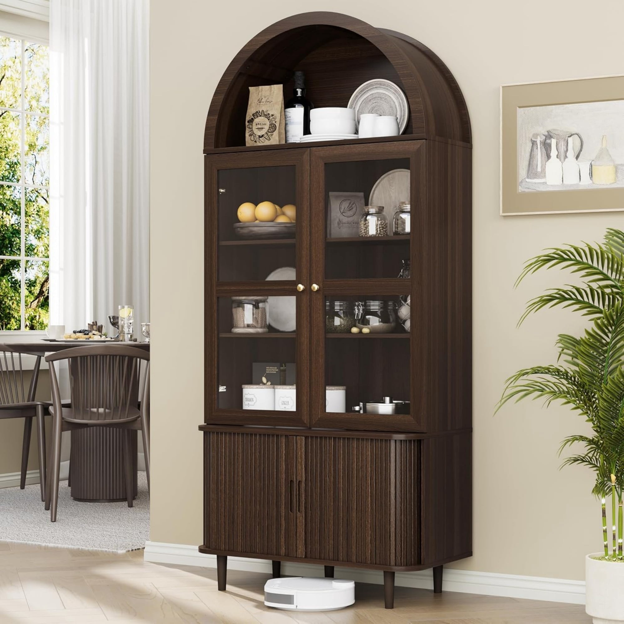 71 Inch Arched Cabinet with Glass Sliding Doors, Fluted Tall Pantry Cabinet with Adjustable Shelves, Coffee