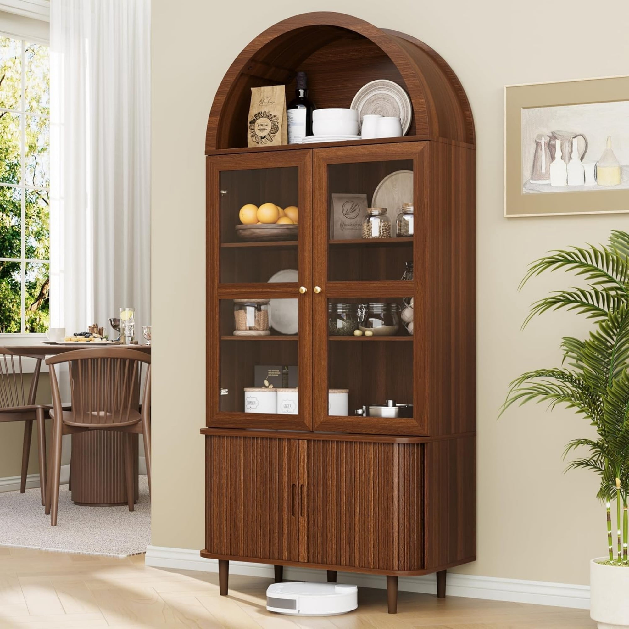 71 Inch Arched Cabinet with Glass Sliding Doors, Fluted Tall Pantry Cabinet with Adjustable Shelves, Walnut