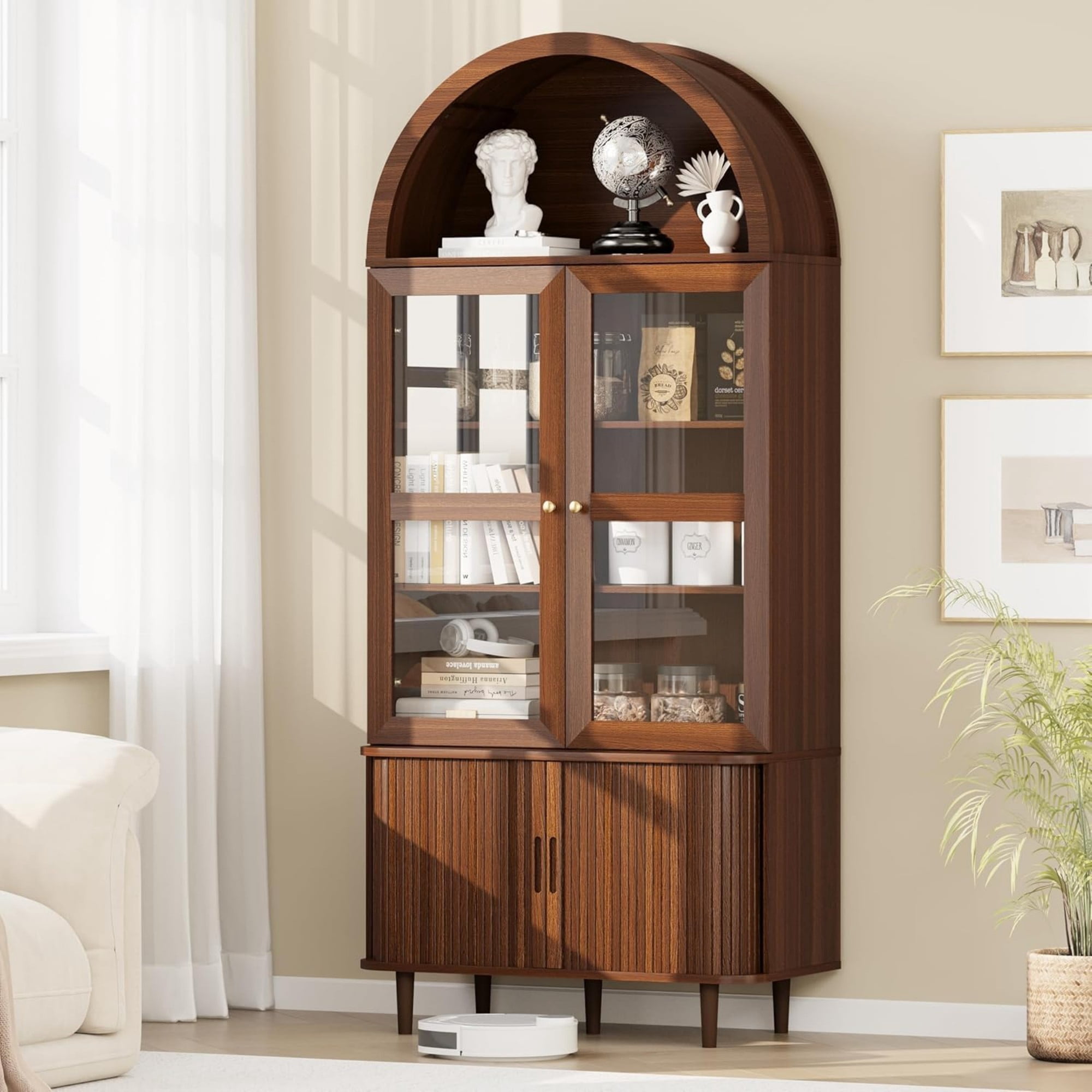 71 Inch Arched Cabinet with Glass Sliding Doors, Fluted Tall Pantry Cabinet with Adjustable Shelves, White