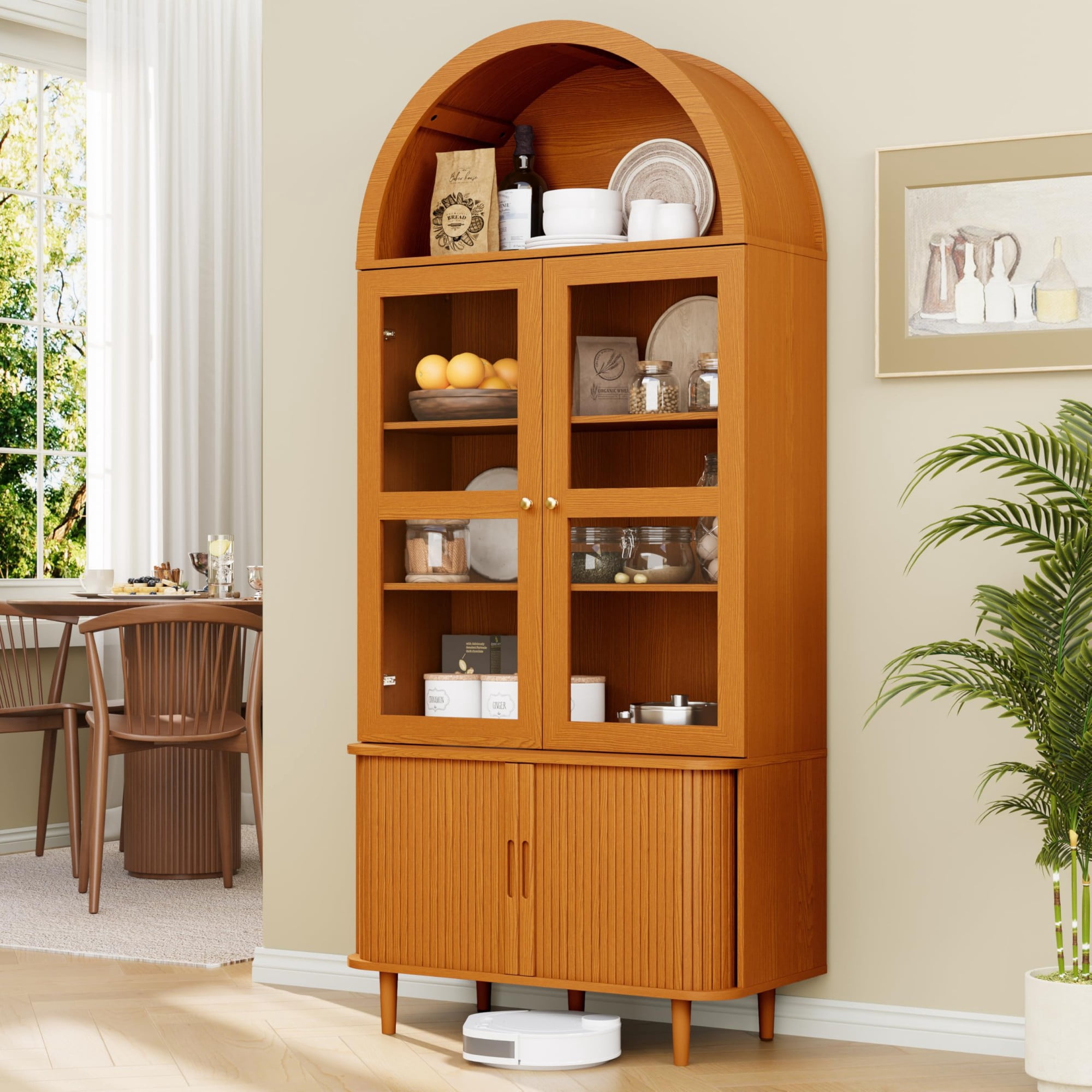 71 Inch Arched Cabinet with Glass Sliding Doors, Fluted Tall Pantry Cabinet with Adjustable Shelves, Yellow