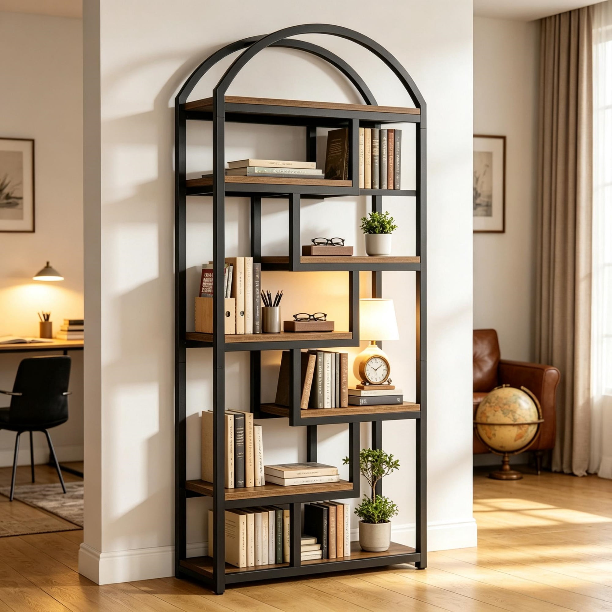 71 Inch Arched Industrial Bookshelf, Open Display Bookcase