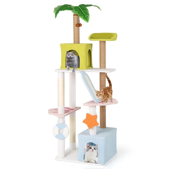 71 Inch Beach-Themed Tall Cat Tree for Indoor Cats, Multi-Level Cat Tower with Scching Posts, Dual Condos, Ramp, Faux Plant Leaves, Cute Interactive Hanging Toys, Multicolor
